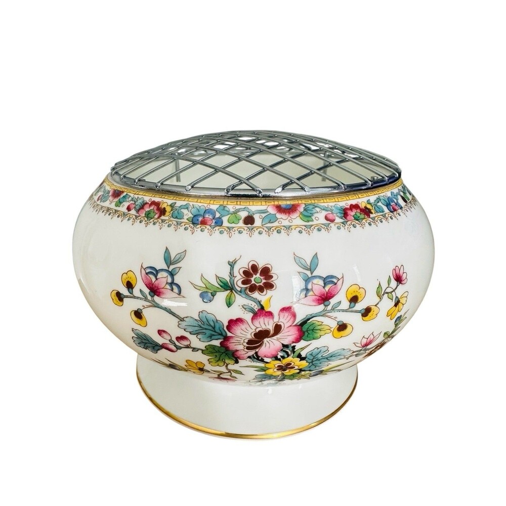 Coalport China Ming Rose Rose Bowl Wire Frog For Flowers 6"W x 4"H Vintage Rare - Picture 3 of 12